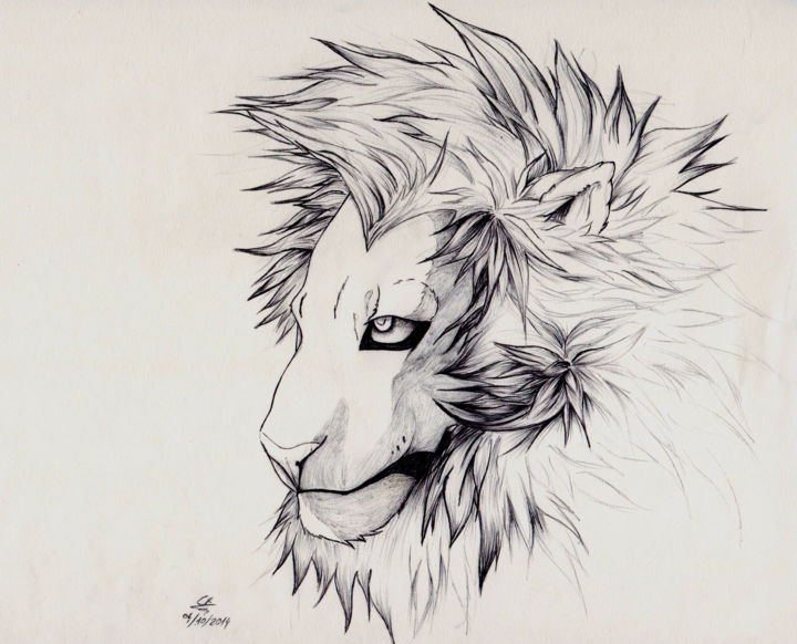 Drawing titled "Lion" by Cannelle Robert, Original Artwork, Ballpoint pen
