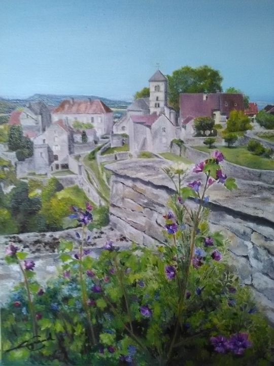 Peinture intitulée "Château-Chalon" par Catherine Legrand, Œuvre d'art originale, Huile Monté sur Châssis en bois