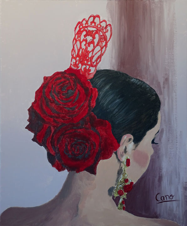 Painting titled "Rosas y Peineta" by Cano, Original Artwork, Acrylic