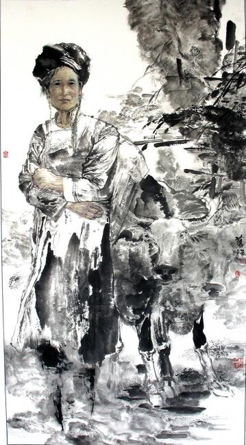 Peinture intitulée "彝族风情之一〈赶场〉" par Cao Qiang, Œuvre d'art originale, Huile