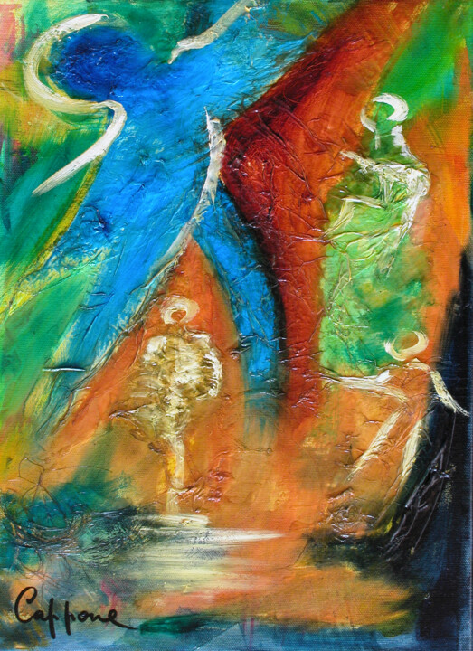 Painting titled "La Danse des Esprit…" by Cappone, Original Artwork, Oil Mounted on Wood Stretcher frame