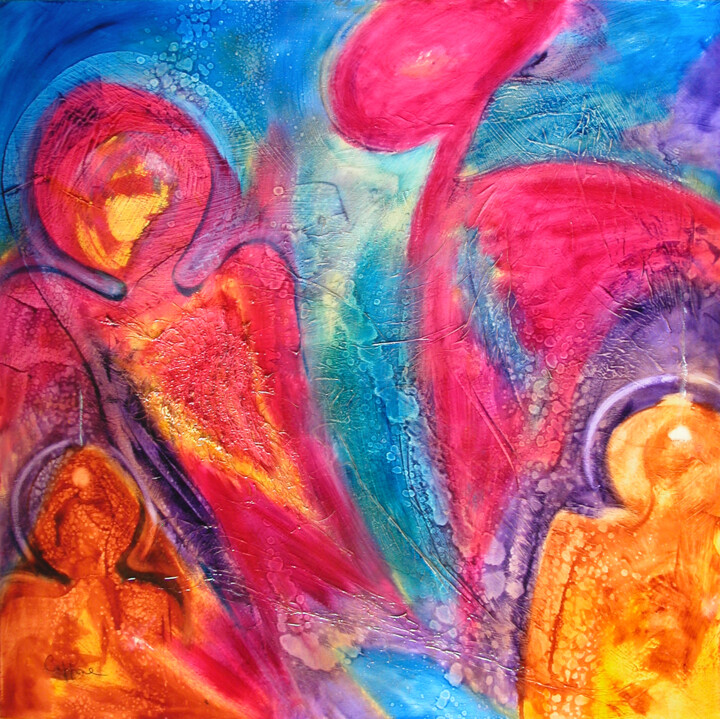 Painting titled "Les 2 Anges Gardien…" by Cappone, Original Artwork, Oil Mounted on Wood Stretcher frame