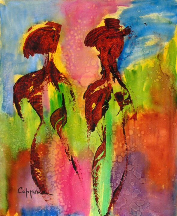 Painting titled "Femmes Eclairées -…" by Cappone, Original Artwork, Oil Mounted on Wood Stretcher frame