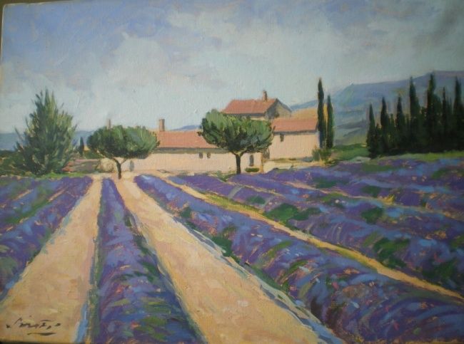 Painting titled "Champs de lavande" by Madjid Soufi, Original Artwork, Oil