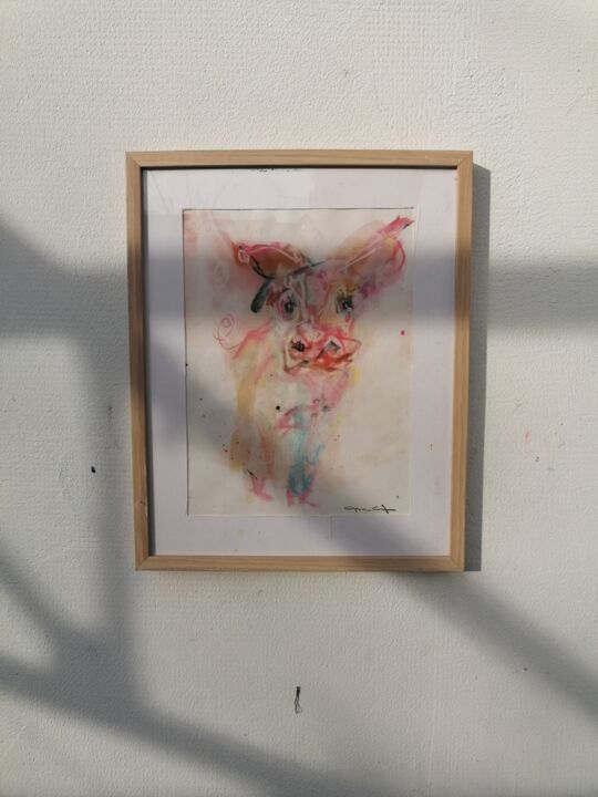 Painting titled "Pigs" by Capucine Grafé, Original Artwork, Ink Mounted on Glass