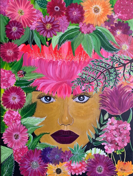 Painting titled "La fille en fleur" by Cara Keya, Original Artwork, Acrylic Mounted on Wood Stretcher frame