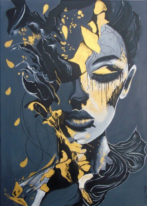 Painting titled "Black moon" by Cara India, Original Artwork, Acrylic Mounted on Wood Stretcher frame