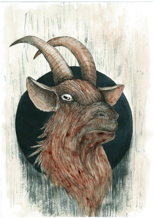 Картина под названием "Bloody Goat" - Kamil Valeev, Подлинное произведение искусства, Чернила