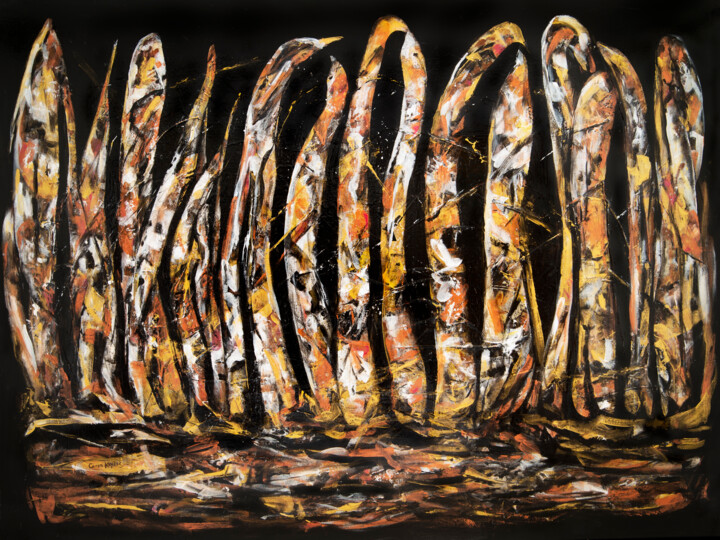 Schilderij getiteld "Dancing in Birches" door Caren Keyser, Origineel Kunstwerk, Acryl