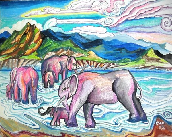 Painting titled "Elephants on the Be…" by Cari Smith, Original Artwork, Oil