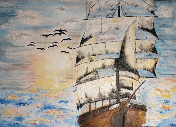 Painting titled "Schiff auf See" by Carina Eisenbarth, Original Artwork, Acrylic Mounted on Wood Stretcher frame