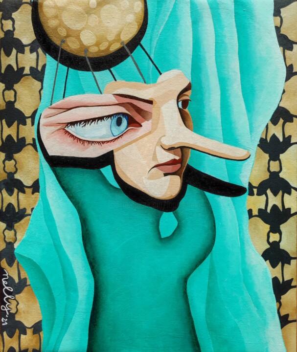 Schilderij getiteld "La menteuse en scène" door Carine Capelle (Nelly), Origineel Kunstwerk, Acryl Gemonteerd op Karton