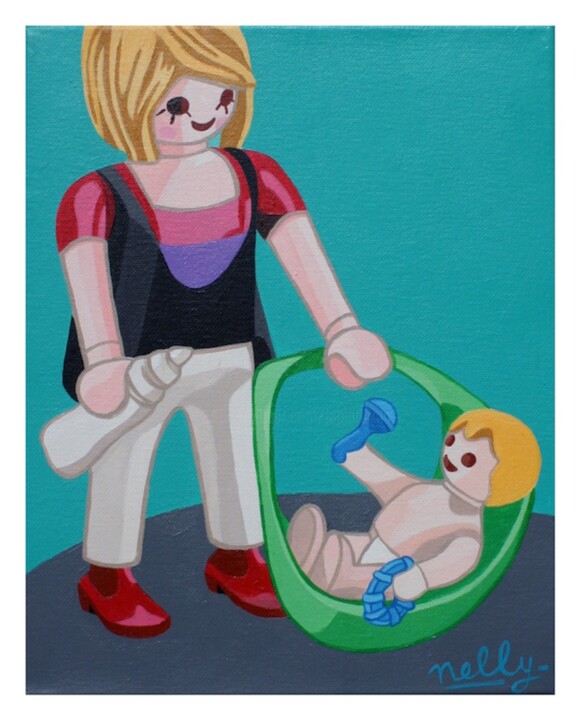 Painting titled "La mère et son petit" by Carine Capelle (Nelly), Original Artwork, Acrylic Mounted on Wood Stretcher frame