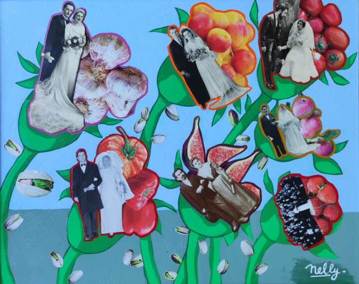 Collages titled "Les mariages de sai…" by Carine Capelle (Nelly), Original Artwork, Acrylic Mounted on Wood Panel