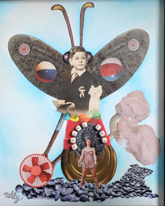 Collagen mit dem Titel "Sauve-toi!" von Carine Capelle (Nelly), Original-Kunstwerk, Acryl Auf Karton montiert