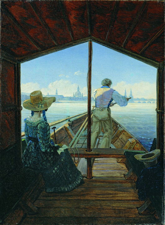 Painting titled "Barge Trip on the E…" by Carl Gustav Carus, Original Artwork, Oil