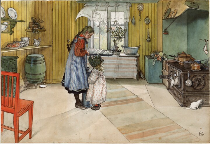 Pittura intitolato "La cuisine" da Carl Larsson, Opera d'arte originale, Acquarello