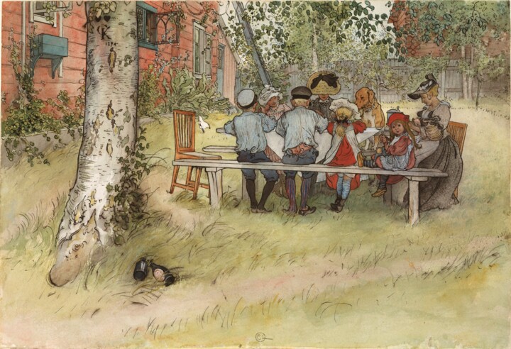 Painting titled "Petit déjeuner sous…" by Carl Larsson, Original Artwork, Watercolor