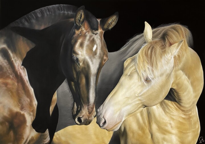 Pintura titulada "Couple de chevaux" por Carla Moretti, Obra de arte original, Pastel Montado en Otro panel rígido