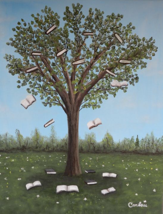 Painting titled "Un arbre un livre" by Carlau, Original Artwork, Oil