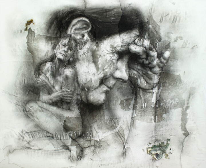 Drawing titled "La tercera edad" by Carlos Asensio, Original Artwork, Charcoal Mounted on Wood Panel
