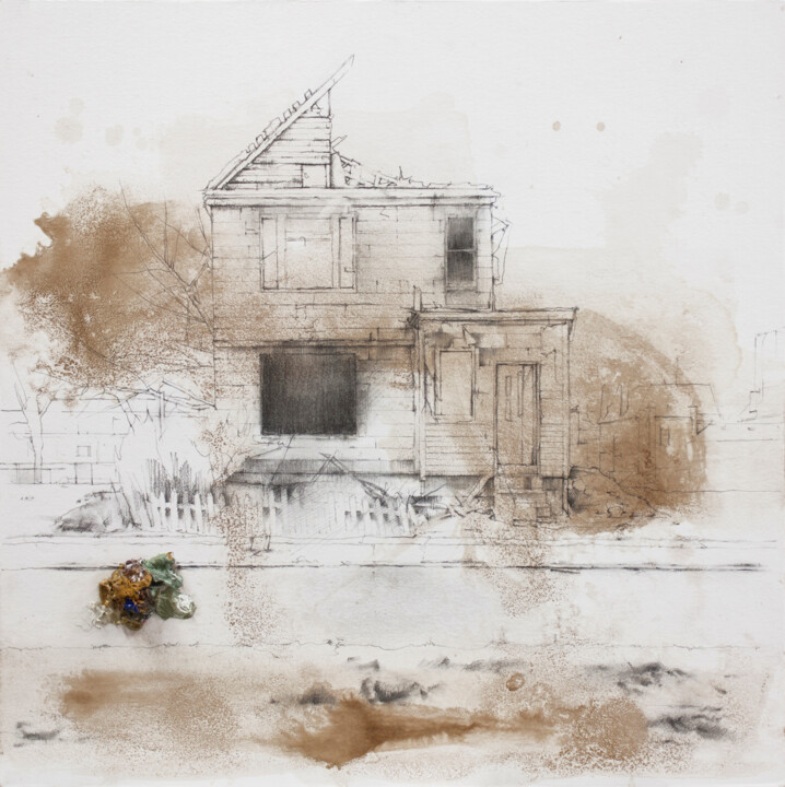 Рисунок под названием "Abandoned house IX" - Carlos Asensio, Подлинное произведение искусства, Графит Установлен на Деревянн…