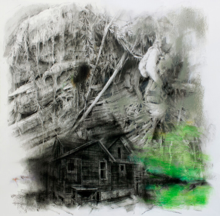 Tekening getiteld "Inhospitable place" door Carlos Asensio, Origineel Kunstwerk, Houtskool Gemonteerd op Houten paneel