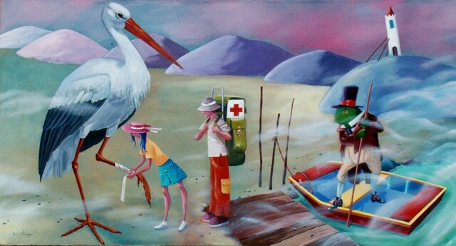 Картина под названием "The  bargee frog" - Carlos Marques, Подлинное произведение искусства, Масло