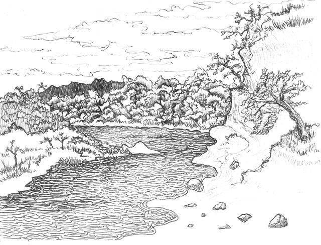 Desenho intitulada "río en Corcovado" por Carlos Ardohain, Obras de arte originais