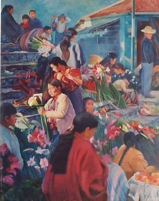 Pintura intitulada "market scene" por Cee, Obras de arte originais