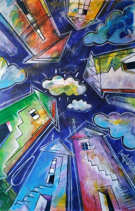 Pintura titulada "Nubes en la ciudad" por Carlos Anabeil, Obra de arte original, Acrílico