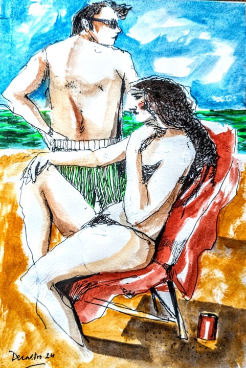 Peinture intitulée "Couple dans la plage" par Decastro, Œuvre d'art originale, Aquarelle