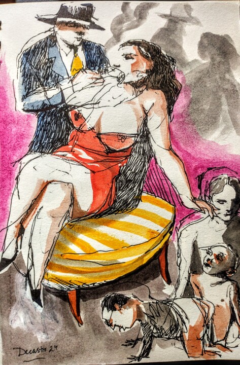 Pintura titulada "Dame qui fume" por Decastro, Obra de arte original, Acuarela