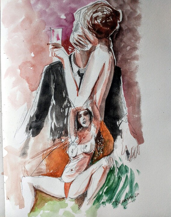Painting titled "Fille ensouciante" by Decastro, Original Artwork, Watercolor