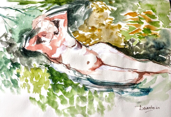 Painting titled "Nu allongé" by Decastro, Original Artwork, Watercolor