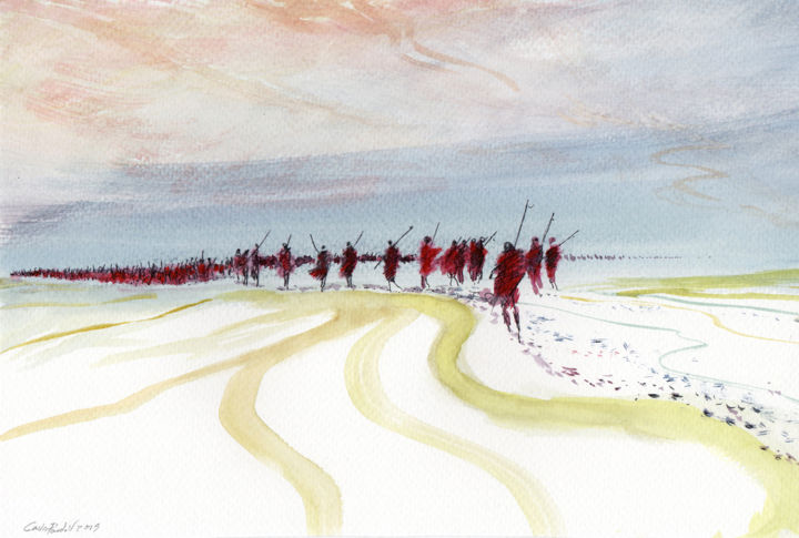 Disegno intitolato "Red warriors long m…" da Carlos Pardo, Opera d'arte originale, Acquarello