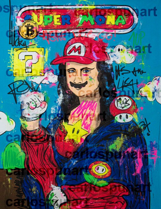 Painting titled "Super Mona Lisa Bros" by Carlos Pun, Original Artwork, Acrylic Mounted on Wood Stretcher frame