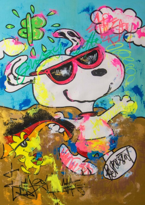 Painting titled "Snoopy and Woodstoc…" by Carlos Pun, Original Artwork, Acrylic Mounted on Wood Stretcher frame