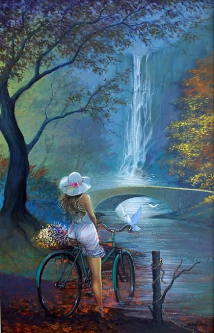 Pintura intitulada "Moça da bicicleta" por Carlos V. Pinto, Obras de arte originais, Óleo
