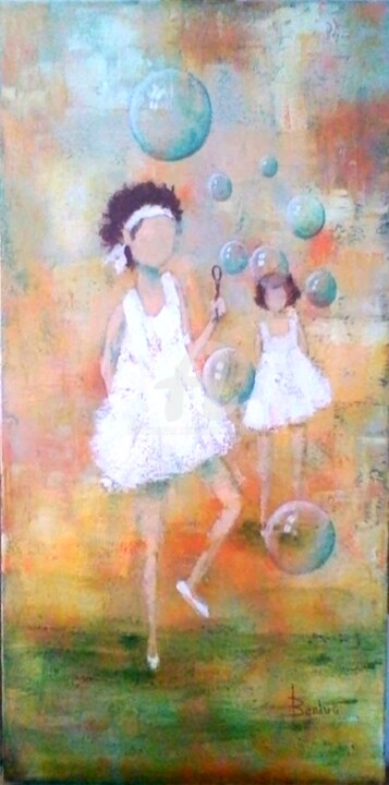 제목이 "ENFANTS AUX BULLES"인 미술작품 Carmen Berluti로, 원작, 아크릴 나무 들것 프레임에 장착됨