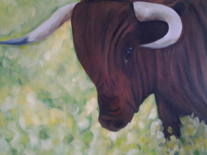 Painting titled "Toro en el campo" by Carmen Fdez Tornell, Original Artwork, Oil