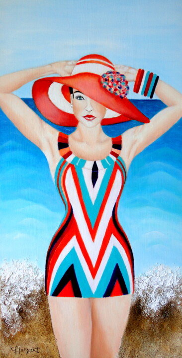 Painting titled "GLAMOUR EN LA PLAYA" by Carmen G. Junyent, Original Artwork, Acrylic Mounted on Wood Panel