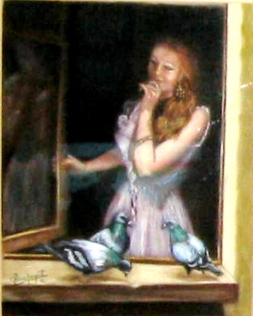 Painting titled "Mirando por la vent…" by Carmen G. Junyent, Original Artwork, Oil