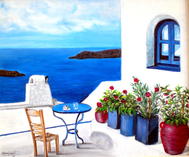 Peinture intitulée "UNA TERRAZA GRIEGA" par Carmen G. Junyent, Œuvre d'art originale, Acrylique