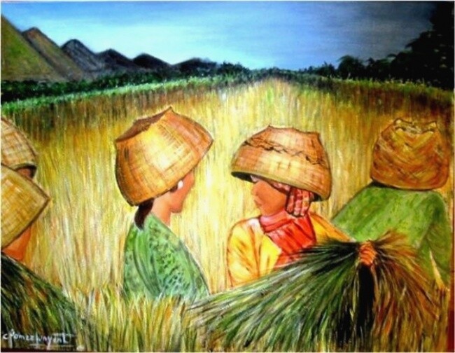 Painting titled "Arrozales de Bali" by Carmen G. Junyent, Original Artwork, Oil