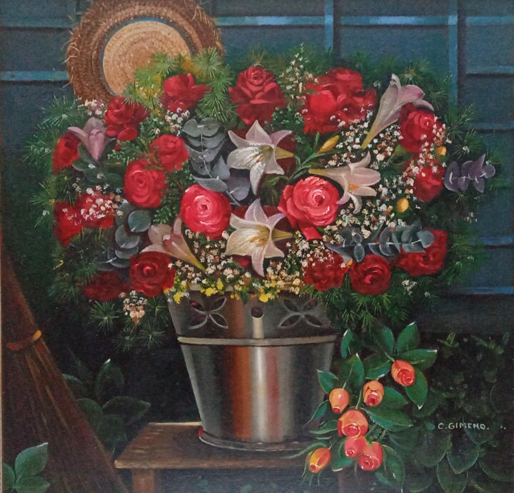 Malerei mit dem Titel "Pozal con rosas" von Carmen Gimeno Piquer, Original-Kunstwerk, Öl Auf Keilrahmen aus Holz montiert