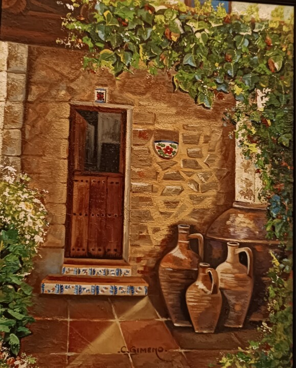 Painting titled "Portal con jarras" by Carmen Gimeno Piquer, Original Artwork, Oil Mounted on Wood Stretcher frame