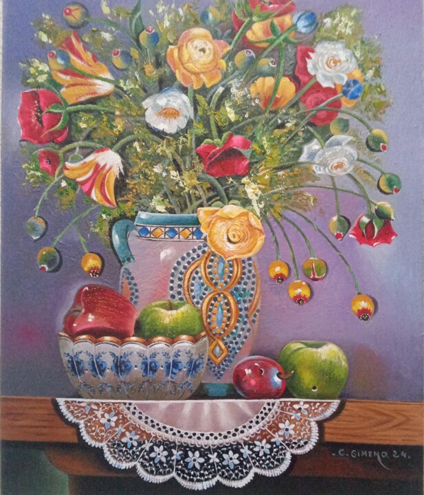 Картина под названием "Bodegón con frutas…" - Carmen Gimeno Piquer, Подлинное произведение искусства, Масло