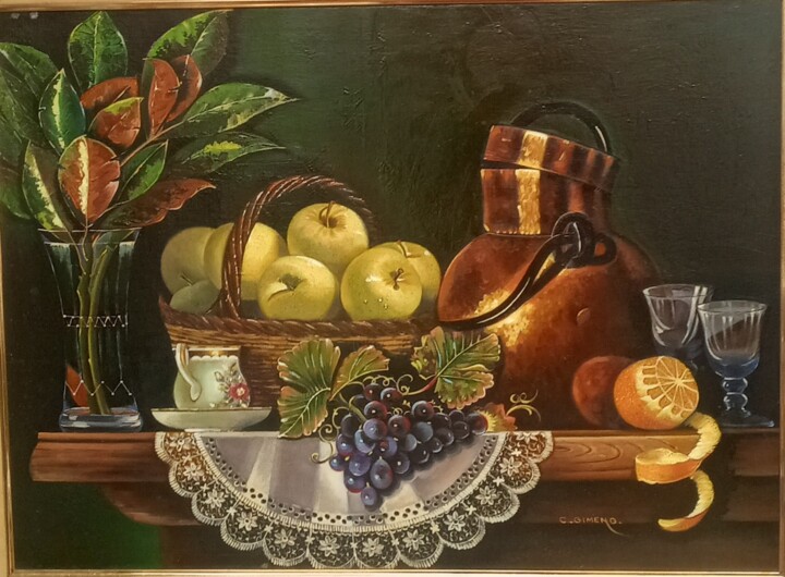 Painting titled "Bodegón con frutas" by Carmen Gimeno Piquer, Original Artwork, Oil Mounted on Wood Stretcher frame
