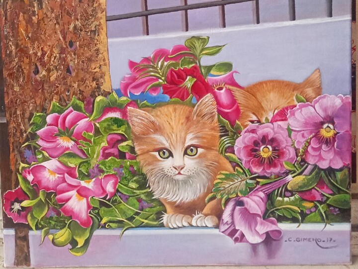 Pintura titulada "Gatitos rubios" por Carmen Gimeno Piquer, Obra de arte original, Oleo Montado en Bastidor de camilla de ma…